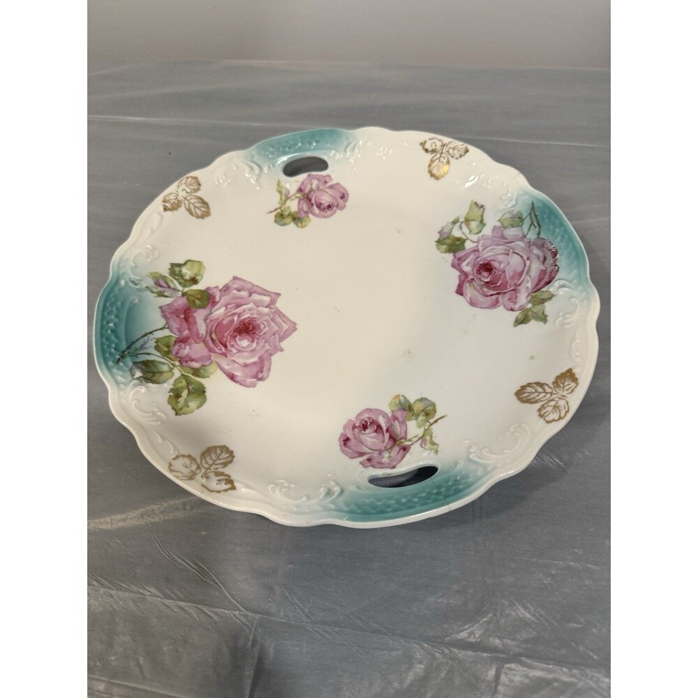 Vintage Porcelain Rose Serving Tray w Handles Teal Rim Gold Gilt Floral